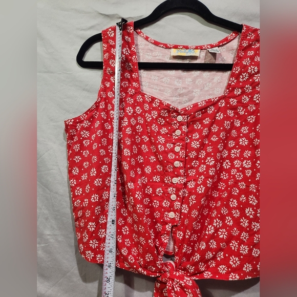 Y2K Cropped ButtonUp Tie‎ Front Halter Blouse Red W White Flowers Large - Picture 5 of 7